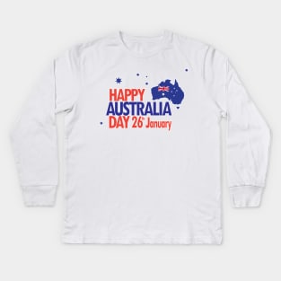 Happy Australia Day 26th January inscription poster with Calligraphy lettering, Australian Flag, Australia Map, stars and fireworks. Patriotic Holiday Kids Long Sleeve T-Shirt